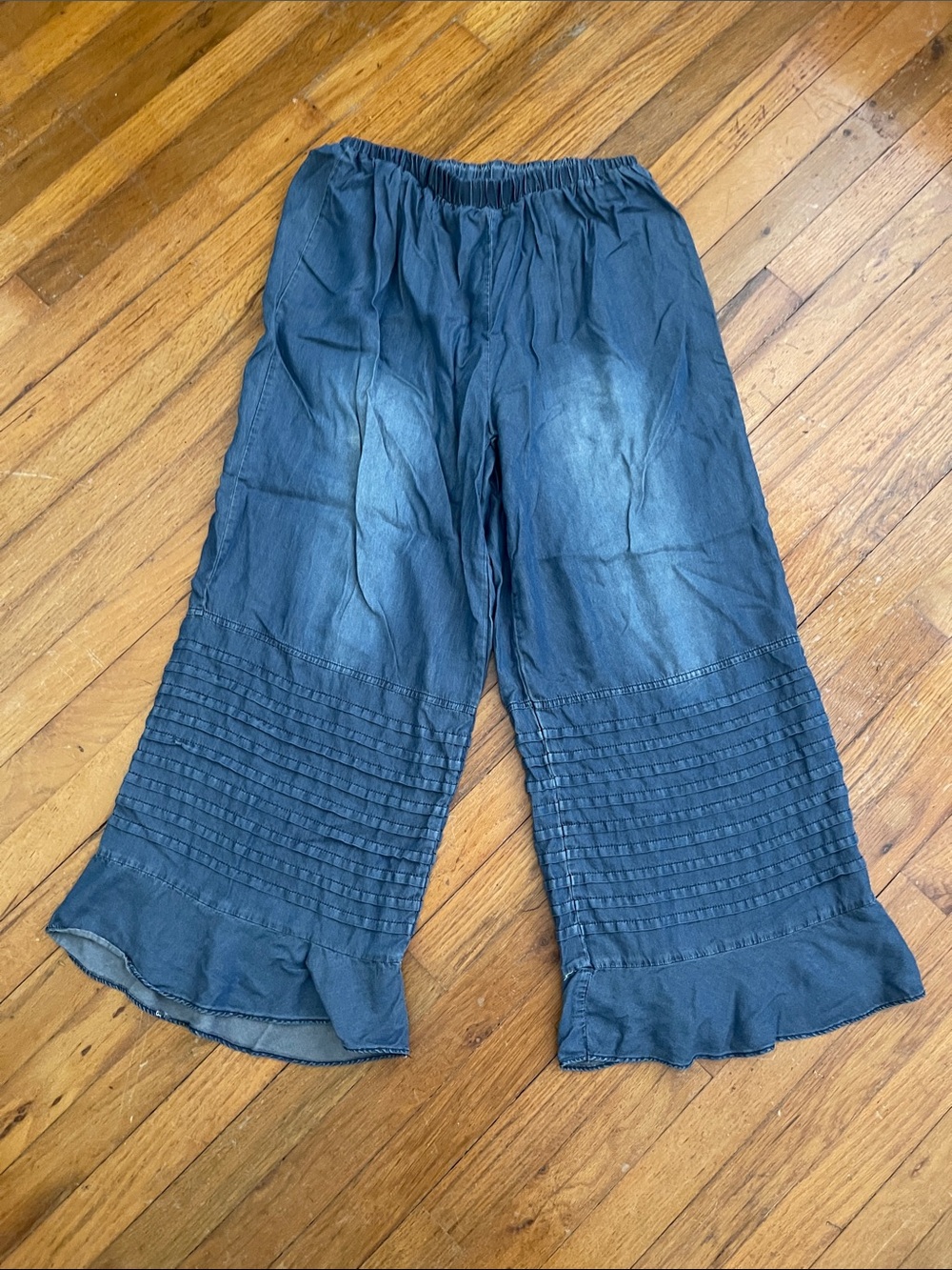 Wide Ruffle Hem Pull-On Pants in Washed Blue - Picture 1 of 3